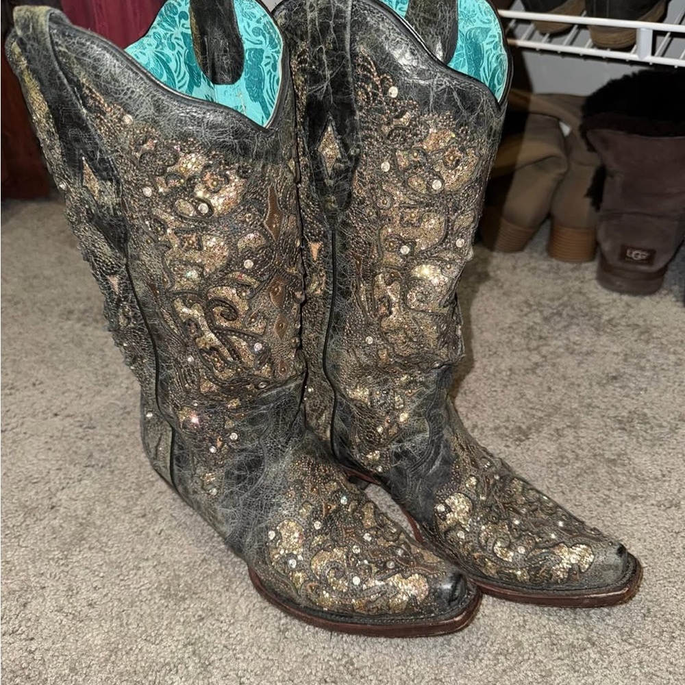 Embellished Black and Gold Women's Heeled Cowboy Boots
